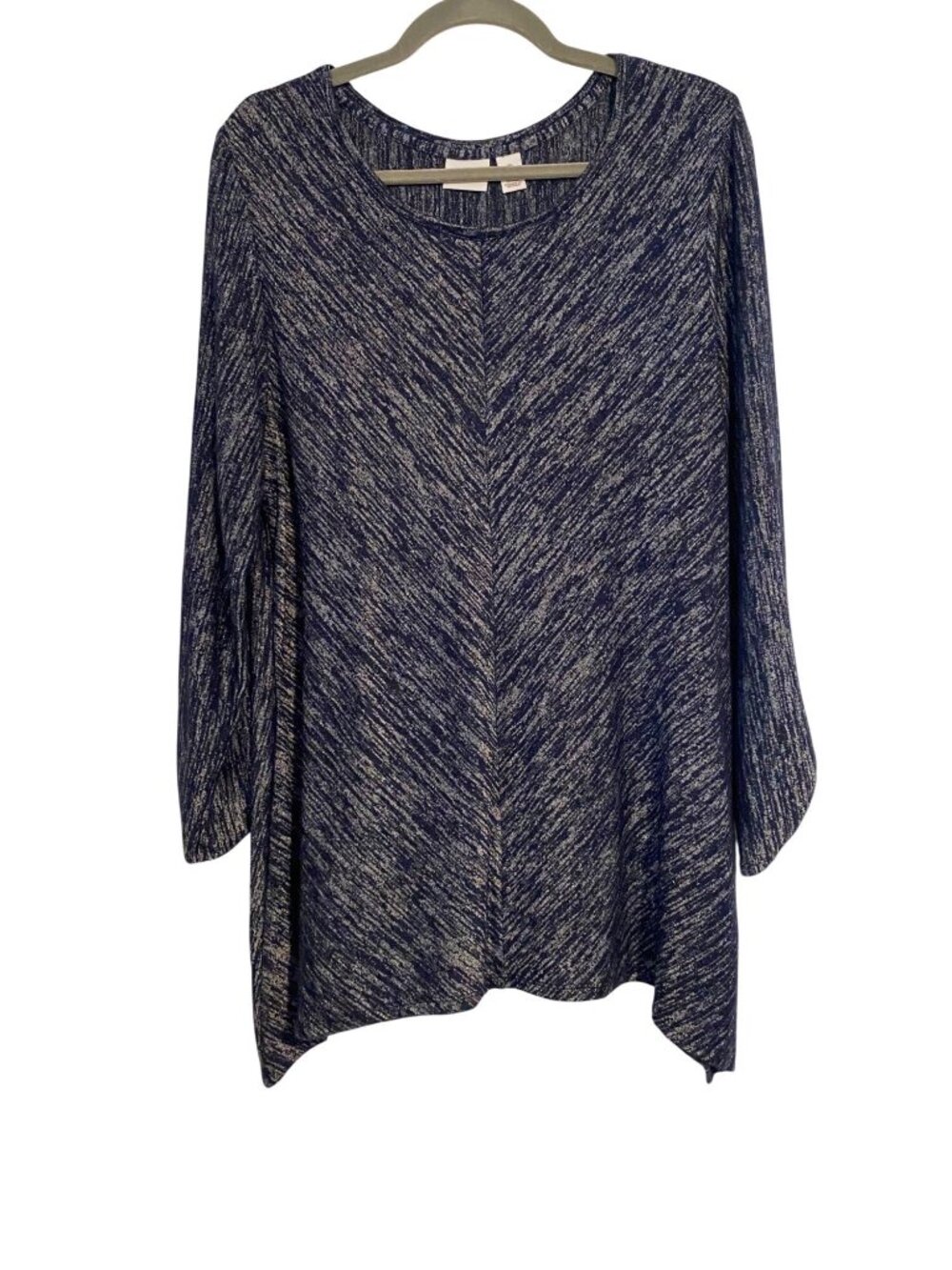 Chicos Weekends L Blue Heathered 3/4 Sleeve Tunic Top Asymmetrical Hem Lagenlook